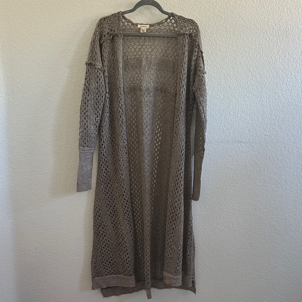 Sundance Long Brown Open-Knit Cardigan